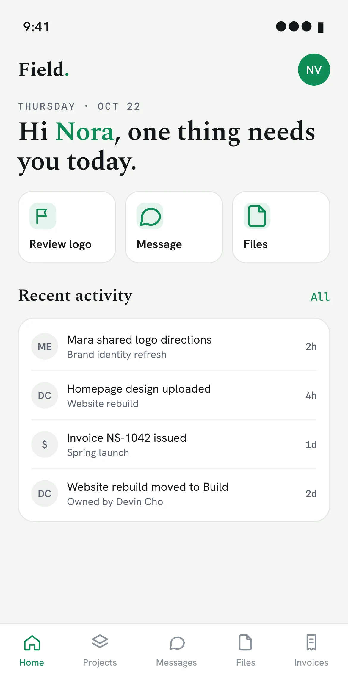 The same portal as an app on a phone: what needs the client today and recent activity