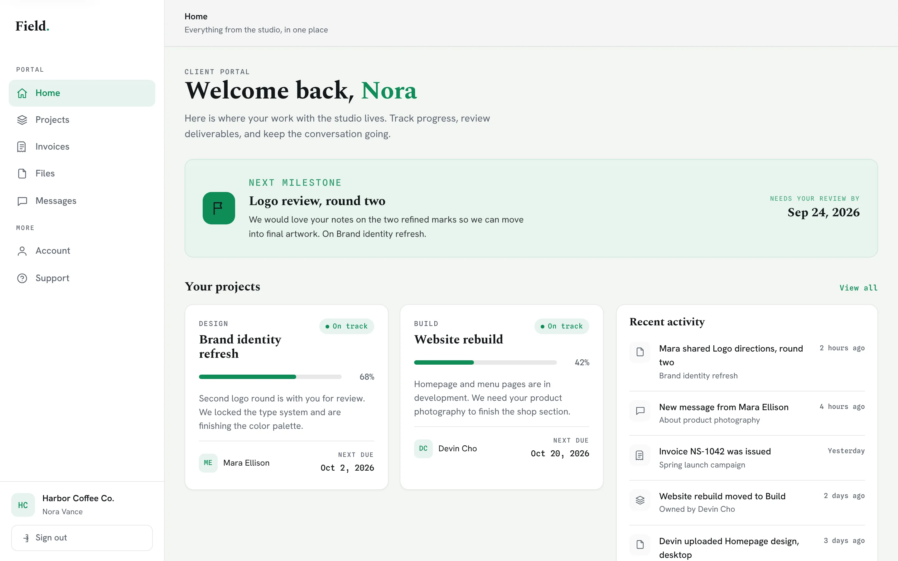 Field's client portal: next milestone, projects and recent activity