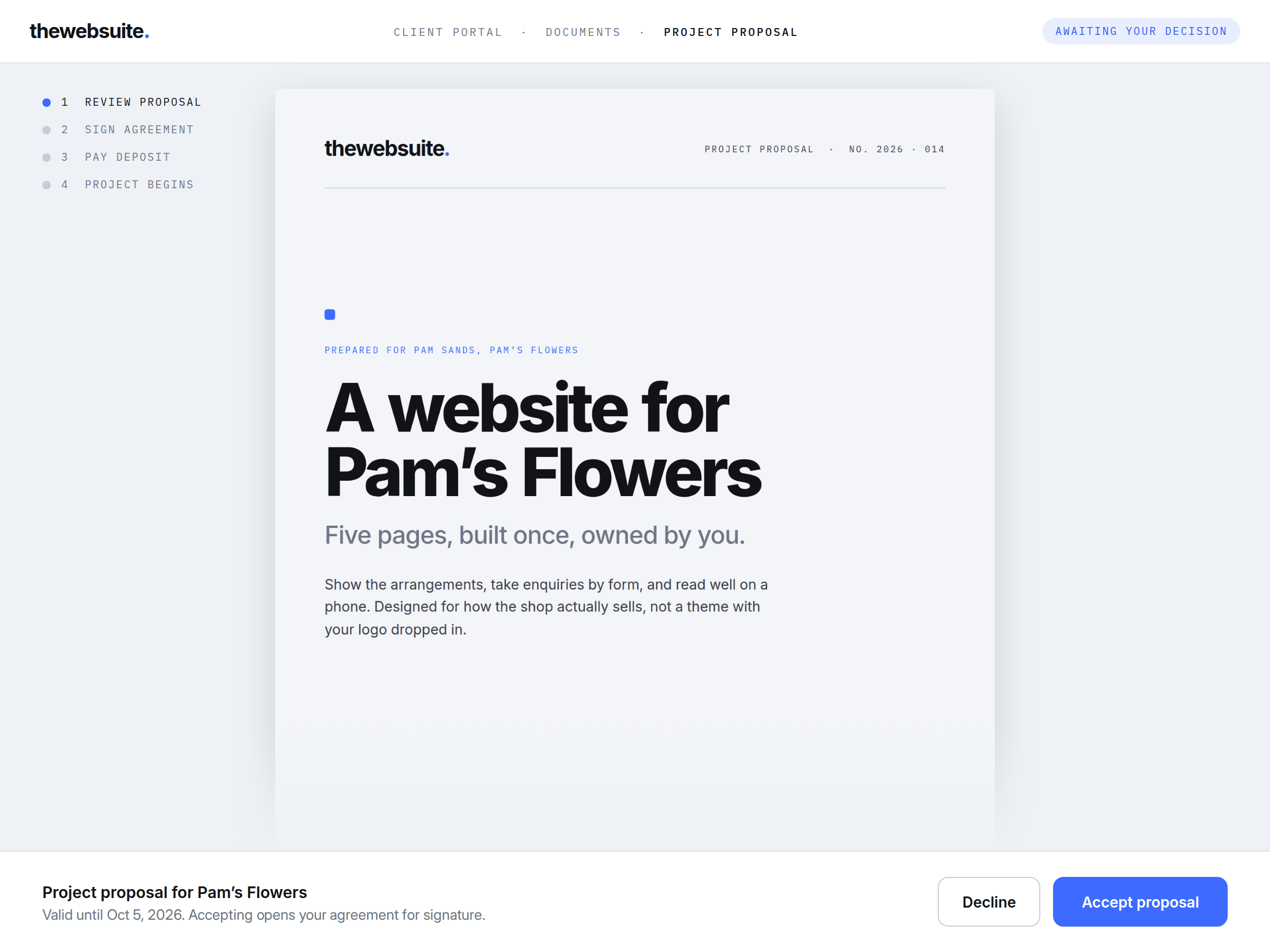 TheWebSuite client portal showing a project proposal for Pam's Flowers, awaiting a decision